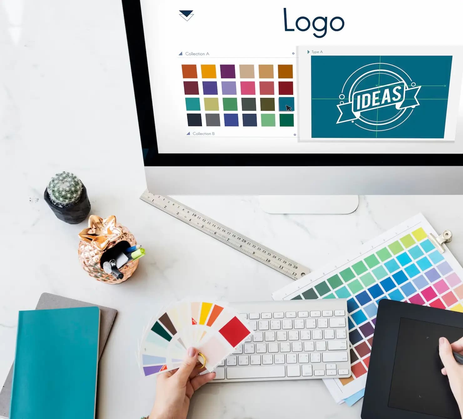 Ein Marken-Styleguide zeigt Logo, Farben und Typografie